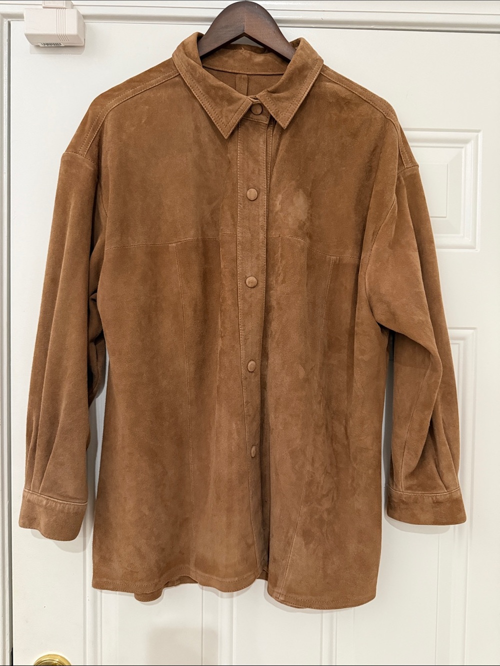Women's Suede Button-Front Coat Shirt in Brown handmade very soft camel M L